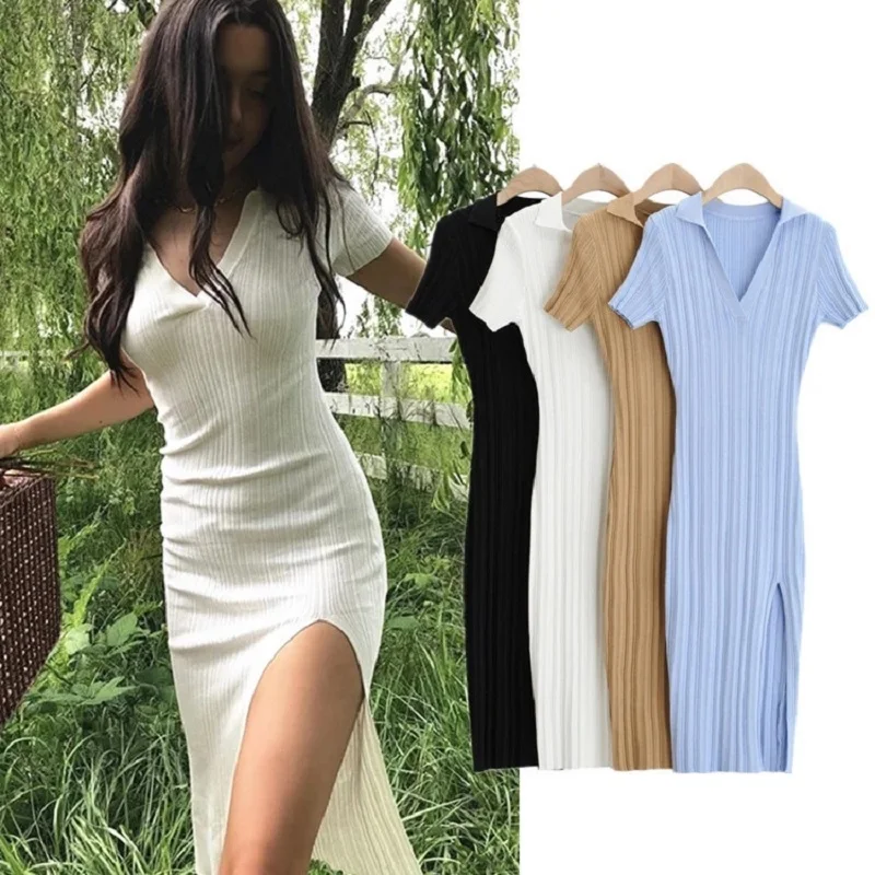 Summer Dresses Women 2021 Short Sleeve Solid Polo Knitted Bodycon Dress Sexy V-Neck Maxi Femme Casual High Split Dress For Woman
Summer Dresses Women 2021 Short Sleeve Solid Polo Knitted Bodycon Dress Sexy V-Neck Maxi Femme Casual High Split Dress For Woman