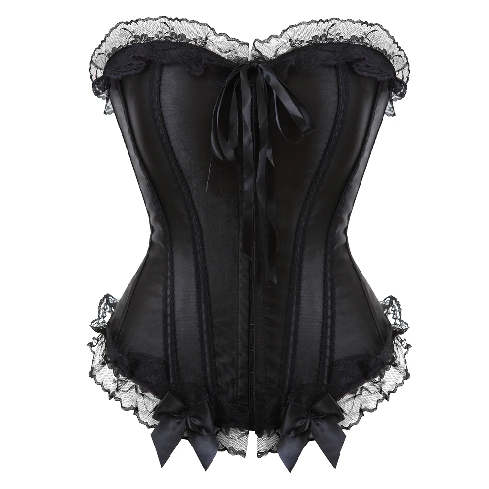 

Black Lace Trim Corsets and Bustiers Sexy Overbust Boned Corset lingerie Top Burlesque Lace Up Corselet Plus Size Body Shaper