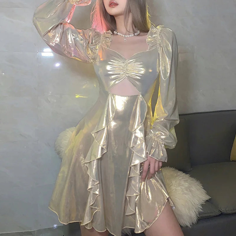 H&JACKY Newest Women's Mini Club Dress, Shiny Long Sleeve Solid Color Cutout A-line Ruffle Dress
H&JACKY Newest Women's Mini Club Dress, Shiny Long Sleeve Solid Color Cutout A-line Ruffle Dress