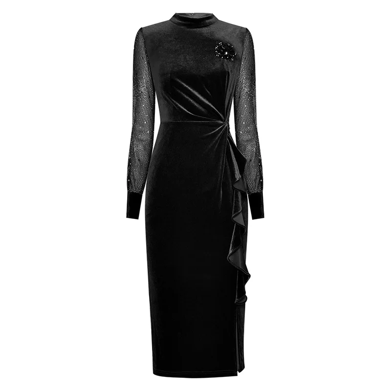 Winter Autumn Sexy Women Dress Mesh Long Sleeve Draped Ruffles Diamonds Brooch Splited Wine Slim Dresses
Winter Autumn Sexy Women Dress Mesh Long Sleeve Draped Ruffles Diamonds Brooch Splited Wine Slim Dresses