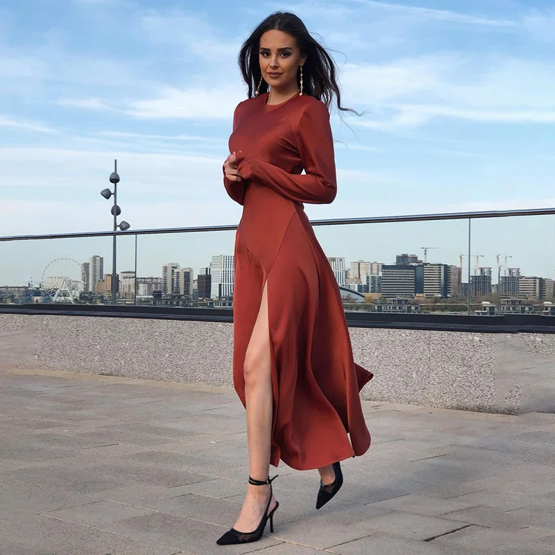 Women Sexy Fashion Satin Dresses Ladies O Neck Long Sleeve Elegant Solid Color Streetwear Dress Autumn High Split Party Dress
Women Sexy Fashion Satin Dresses Ladies O Neck Long Sleeve Elegant Solid Color Streetwear Dress Autumn High Split Party Dress