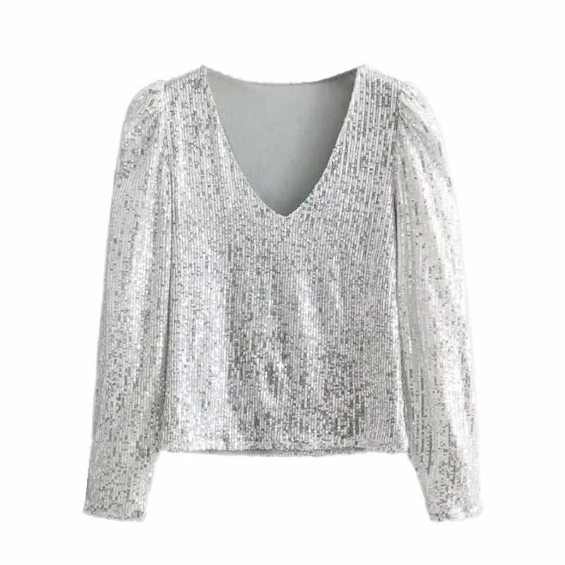 Spring and Autumn Elegant Sequined Tops 2021 Spring Fashion Ladies Retro Silver Tops Party Women Sexy V-neck Tops Chic Clothes
Spring and Autumn Elegant Sequined Tops 2021 Spring Fashion Ladies Retro Silver Tops Party Women Sexy V-neck Tops Chic Clothes
