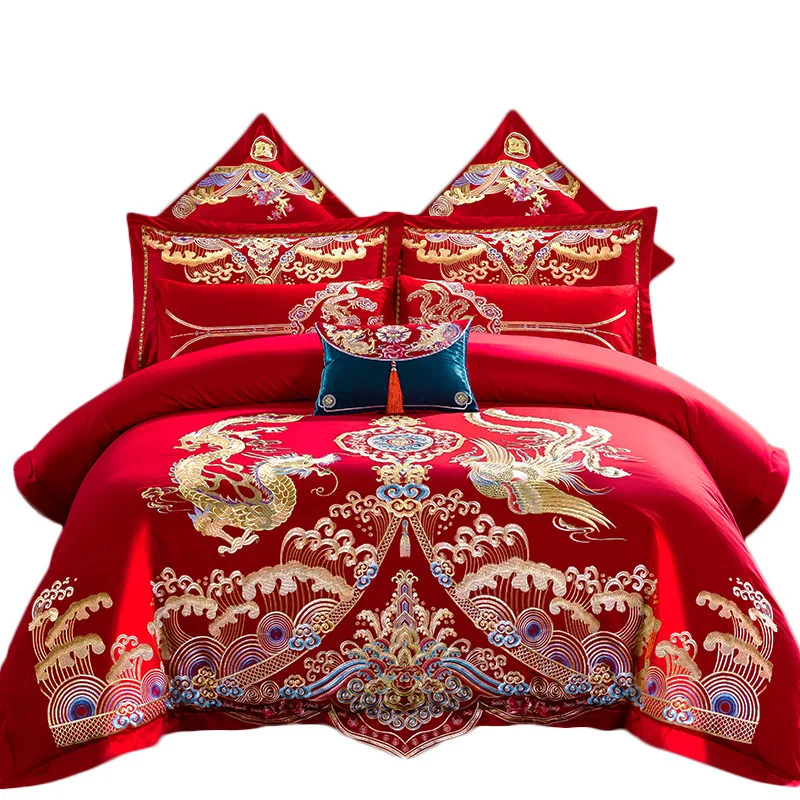 High-end Wedding Chinese Style Red Cotton Embroidered Dragon and Phoenix Bedding Cotton Quilt Cover Six-piece Quilt Cover
High-end Wedding Chinese Style Red Cotton Embroidered Dragon and Phoenix Bedding Cotton Quilt Cover Six-piece Quilt Cover
