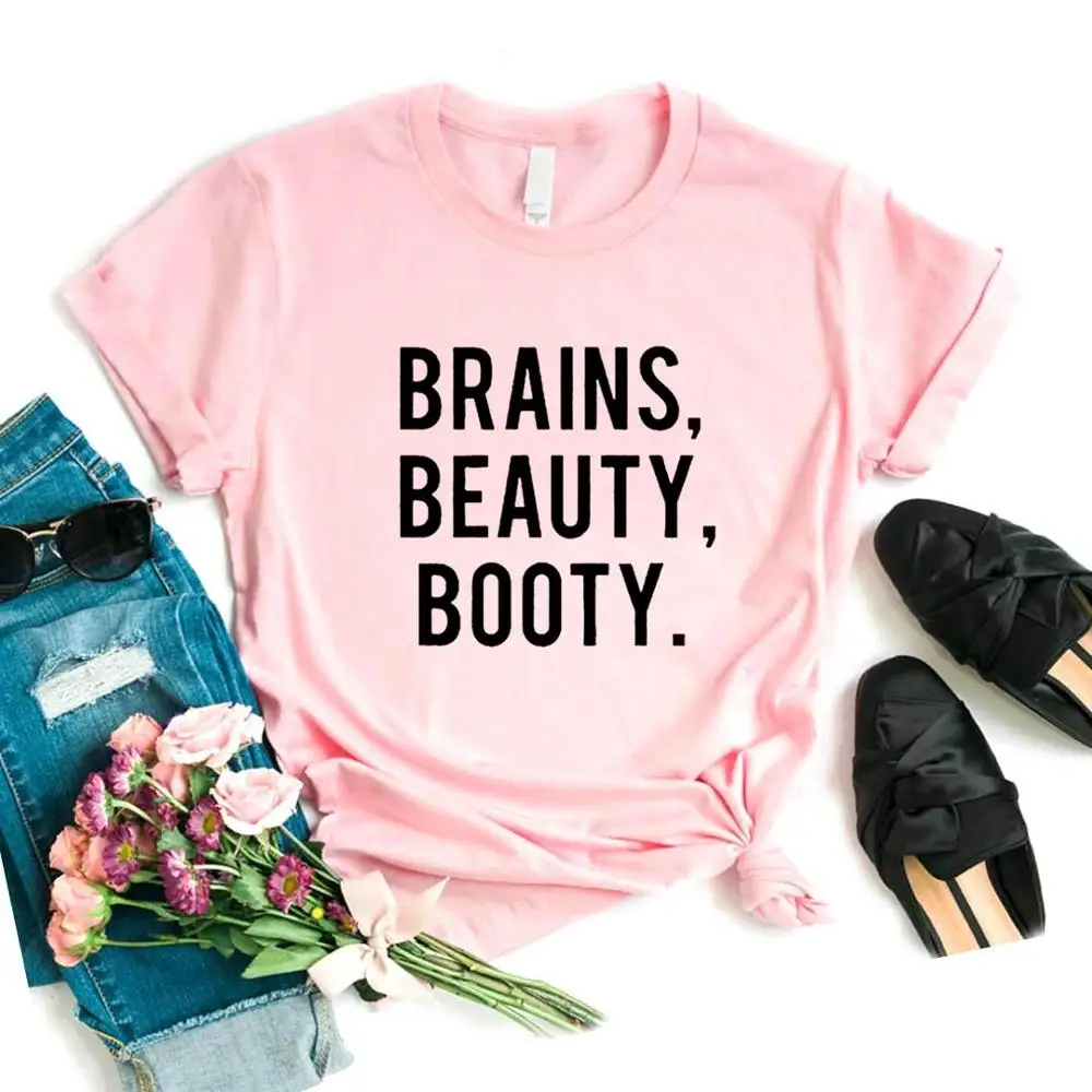 

Women T Shirt Brains Beauty Booty Letters Print Tshirt Women Short Sleeve O Neck Loose T-shirt Ladies Summer Causal Tee Shirt