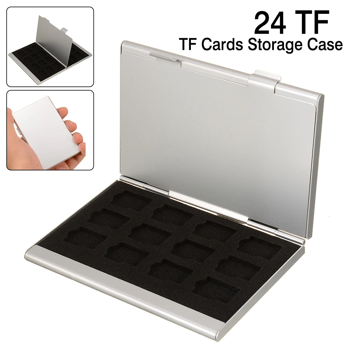 Silver TF Cards Storage Case Box Mobile Phone Memory Cards Protector Organizing Boxes Aluminum Alloy Shell 24 EVA Spomge Slots
Silver TF Cards Storage Case Box Mobile Phone Memory Cards Protector Organizing Boxes Aluminum Alloy Shell 24 EVA Spomge Slots