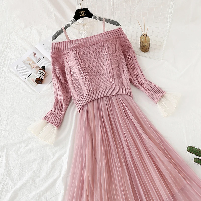 2019 Новое модное женское платье женский кружевной свитер + ремень Сетчатое