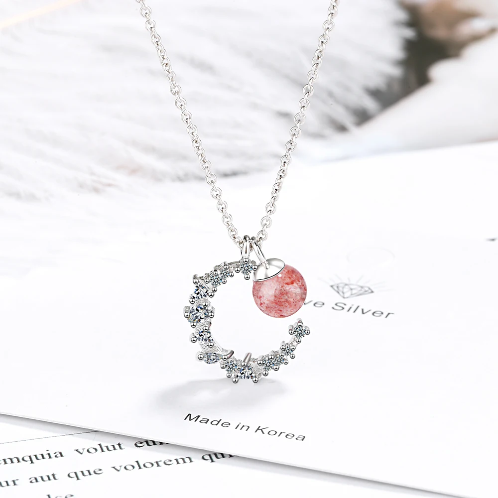 925 Sterling Silver Exquisite Irregular Cubic Zircon Moon Pendant Necklace With Strawberry Crystal Bead Jewelry For Women S-N486
925 Sterling Silver Exquisite Irregular Cubic Zircon Moon Pendant Necklace With Strawberry Crystal Bead Jewelry For Women S-N486
