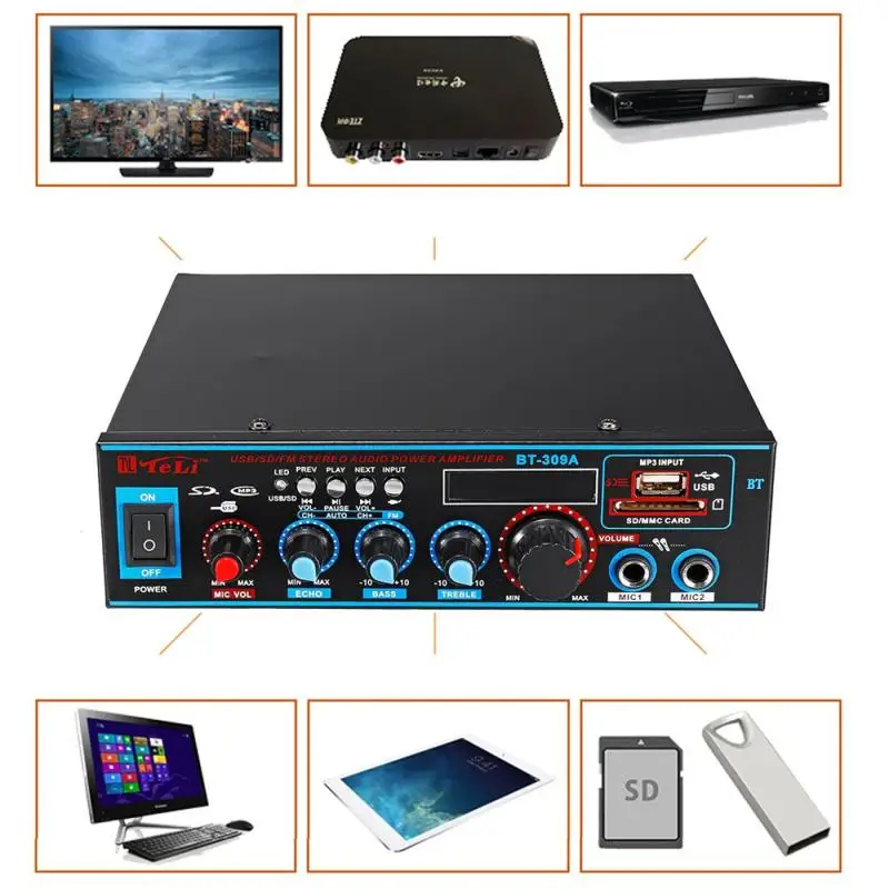 BT-309A Theater Amplifiers 2CH HIFI LCD Display Audio Stereo Power Amplifier bluetooth FM Radio Car Moto Home Super Loud Speaker
BT-309A Theater Amplifiers 2CH HIFI LCD Display Audio Stereo Power Amplifier bluetooth FM Radio Car Moto Home Super Loud Speaker
