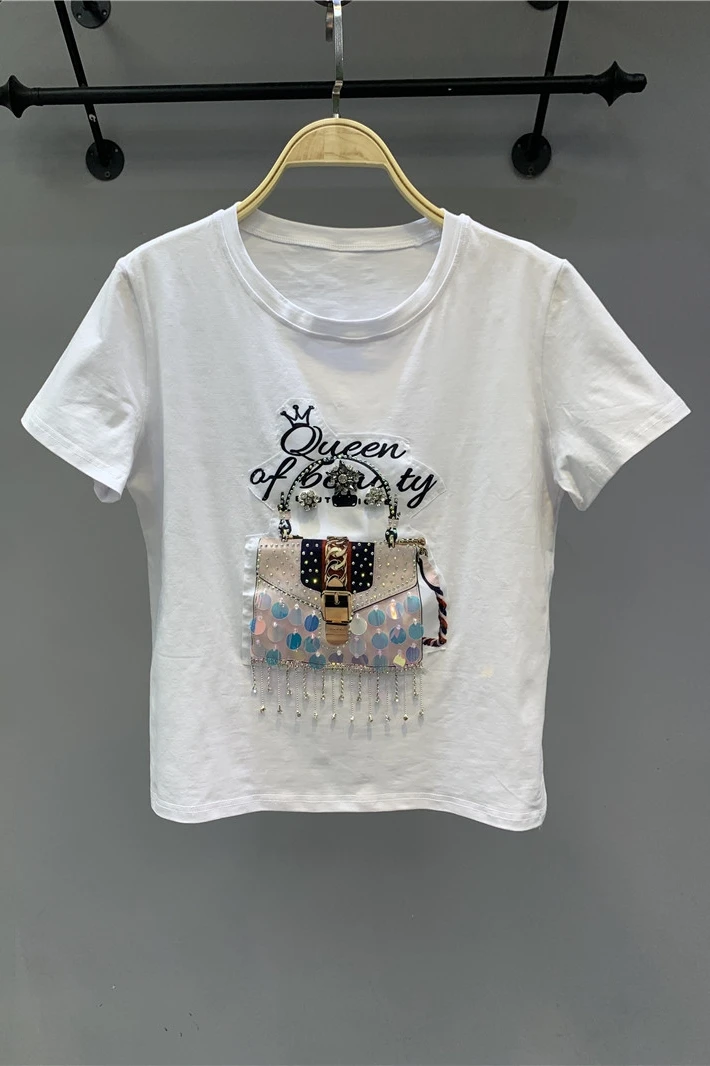 2021 Summer New COTTON European Bag Patch Sequined Tassel Diamond-Embedded White Stretch Slimming Short Sleeve T-shirt for Women
2021 Summer New COTTON European Bag Patch Sequined Tassel Diamond-Embedded White Stretch Slimming Short Sleeve T-shirt for Women