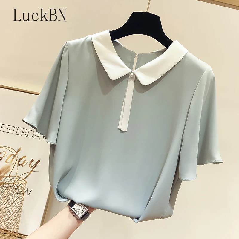 Summer Blouses Korean Fashion Female Shirts Casual Lapel Tie with Bead Stitching Pullover Short Sleeve Chiffon Shirt Womens 2021
Summer Blouses Korean Fashion Female Shirts Casual Lapel Tie with Bead Stitching Pullover Short Sleeve Chiffon Shirt Womens 2021