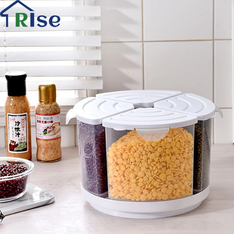 Home 360° Rotating Storage Box 4 Grids Transparent Sealed Snack Jar Removable Cover Grain Storage Bucket Kitchen Accessories 
Home 360° Rotating Storage Box 4 Grids Transparent Sealed Snack Jar Removable Cover Grain Storage Bucket Kitchen Accessories