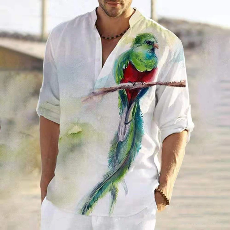 Мужская рубашка с принтом птиц пуловер воротником-стойкой и длинным рукавом