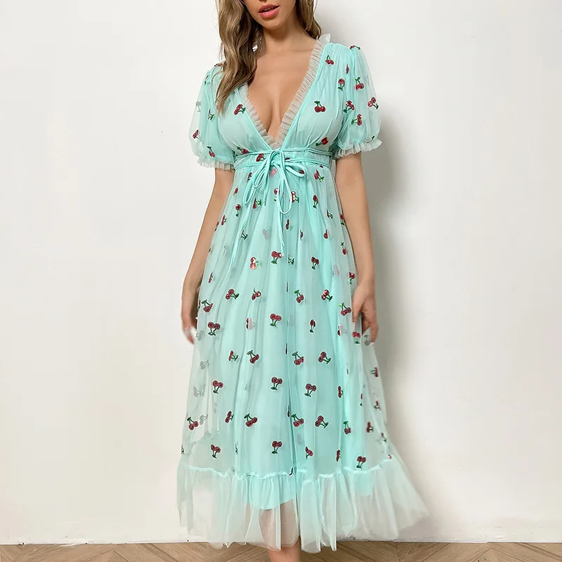 Women Mesh Patchwork Dress, Adults Embroidered Cherry Pattern Sequin V-neck Puff Sleeve
Women Mesh Patchwork Dress, Adults Embroidered Cherry Pattern Sequin V-neck Puff Sleeve