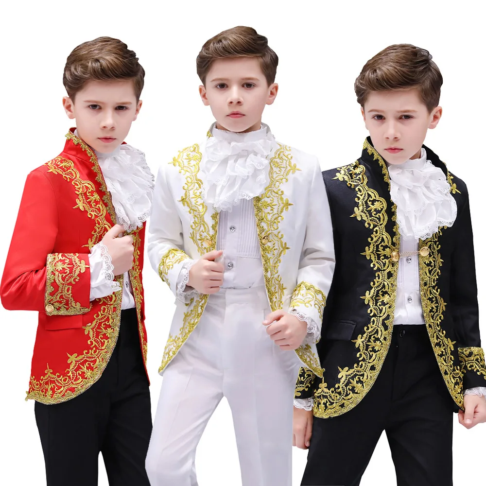 

Boys European Style Court Drama Costume Children Golden Flower Stage Prince Charming Performance Tuxedo Dress Kids Blazer Suits