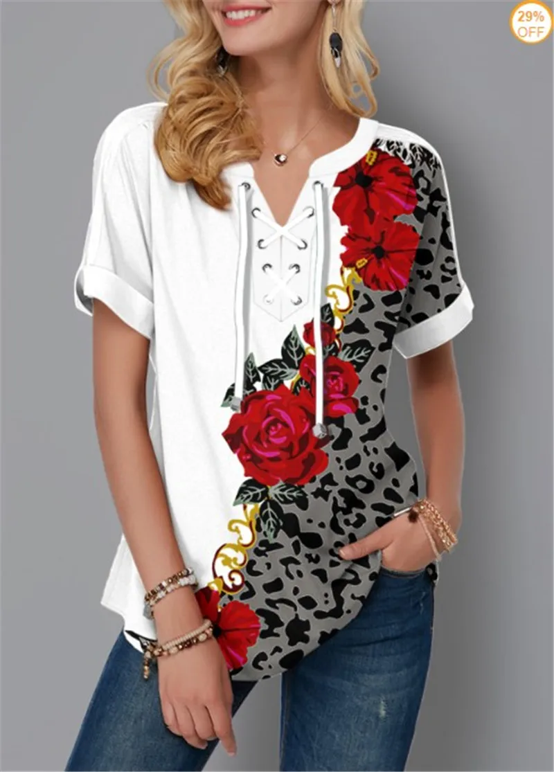 

Ropa de talla grande para mujer, camisetas de manga corta con estampado de flores a la moda, camiseta de verano con cuello en V