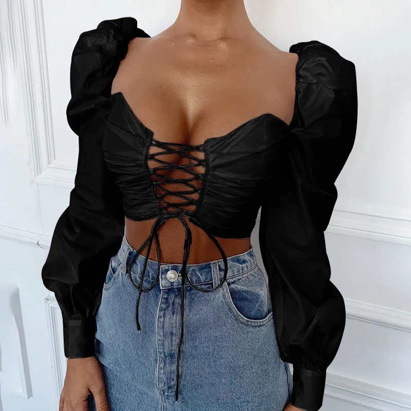 Women Sexy Crop Top Shirt Long Puff Sleeve Bandage Hollow Out Clothes White Black Blouses Top 2020 Fashion Female Streetwear
Women Sexy Crop Top Shirt Long Puff Sleeve Bandage Hollow Out Clothes White Black Blouses Top 2020 Fashion Female Streetwear