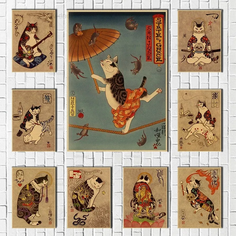 Natividad Japan Samurai Cat Wall Art Print Picture Cat Tattoo Kraft Poster Animal Artwork Retro Living Room Home Frameless Decor
Natividad Japan Samurai Cat Wall Art Print Picture Cat Tattoo Kraft Poster Animal Artwork Retro Living Room Home Frameless Decor