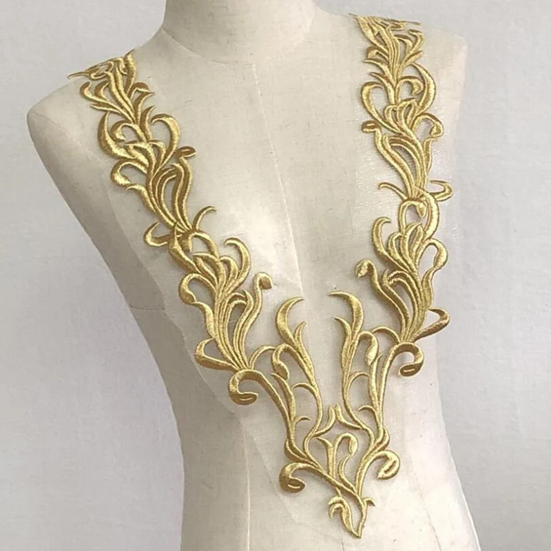 Золотистый воротник с вырезом кружевная ткань нашивки вышивка для свадебных