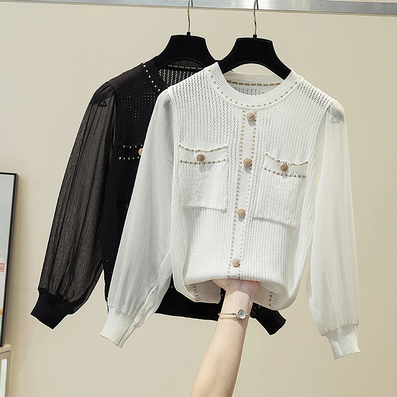 White Hollow Out Chiffon Patchwork Long Sleeve Sweaters Women O-Neck Button Knitted Sweater Pullover Ladies Thin Tops 2020 Fall
White Hollow Out Chiffon Patchwork Long Sleeve Sweaters Women O-Neck Button Knitted Sweater Pullover Ladies Thin Tops 2020 Fall