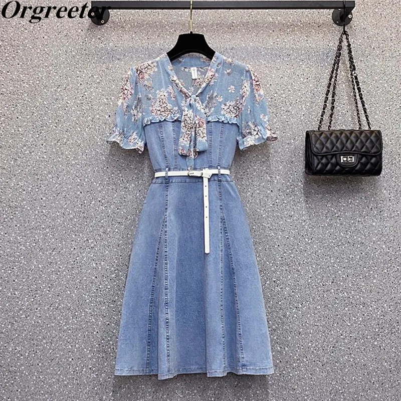 Dress for Women Summer New Floral Printted Chiffon Patchwork Denim Dress Robe Femme Bow collar Short Sleeve Belted Vestidos
Dress for Women Summer New Floral Printted Chiffon Patchwork Denim Dress Robe Femme Bow collar Short Sleeve Belted Vestidos