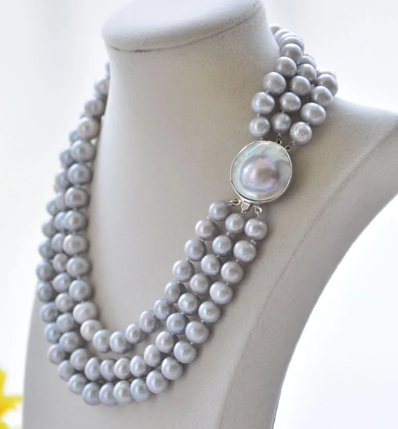 

P7263 3Row 19" 11mm Gray Round Freshwater Pearl Choker Necklace Southsea Mabe Pearl