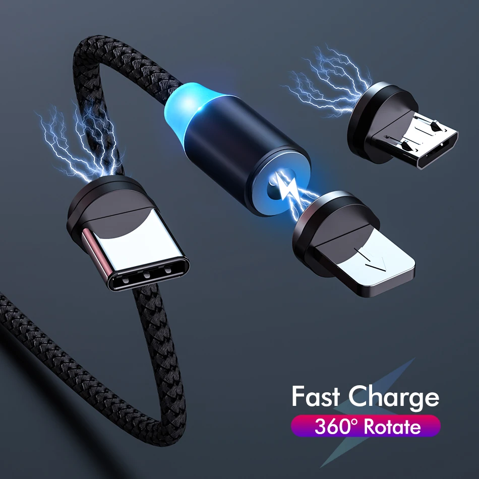 Магнитный USB-кабель для быстрой зарядки Тип C нейлоновый Плетеный светодиодный
