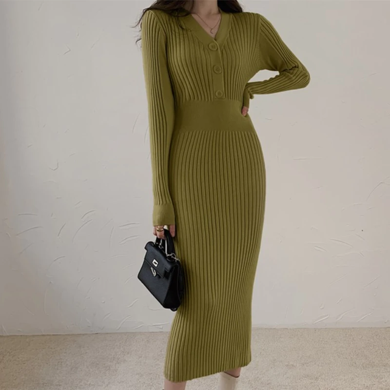 Women Autumn Winter Knitted Midi Dresses Long Sleeve V Neck Elegant Sweater Vestido Femme A-Line Bodycon Robe Pencil Cloths
Women Autumn Winter Knitted Midi Dresses Long Sleeve V Neck Elegant Sweater Vestido Femme A-Line Bodycon Robe Pencil Cloths