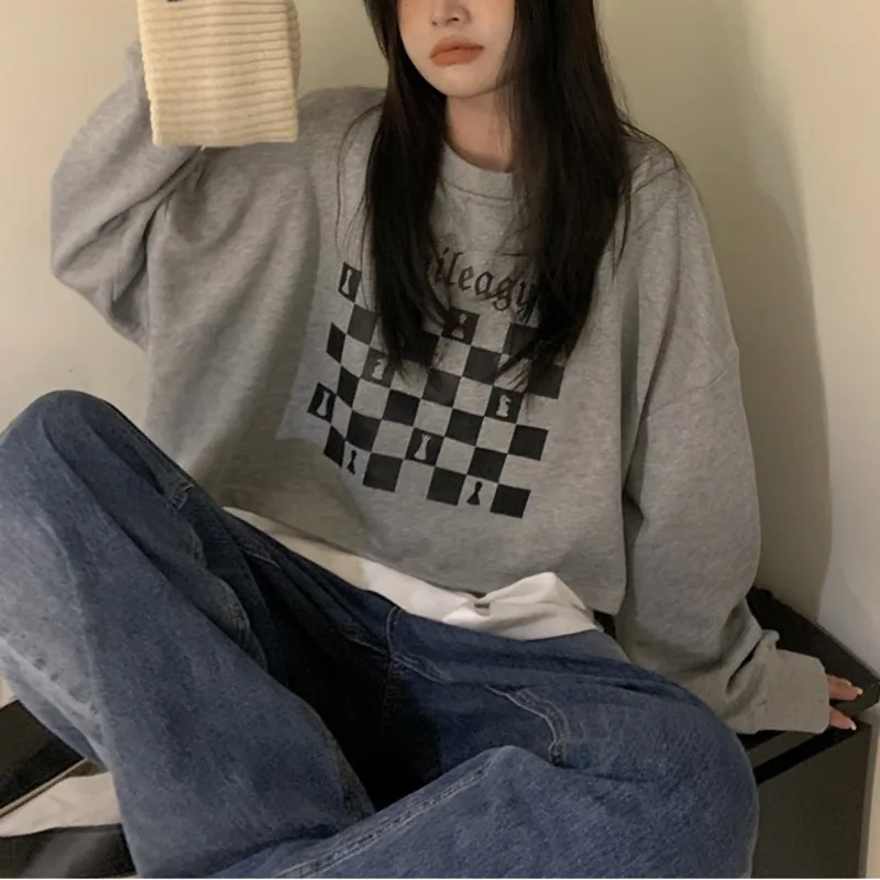 Checkerboard Printed Round Neck Pullover Top Autumn Winter Design Fake Two Loose Women's Sweater
Checkerboard Printed Round Neck Pullover Top Autumn Winter Design Fake Two Loose Women's Sweater
