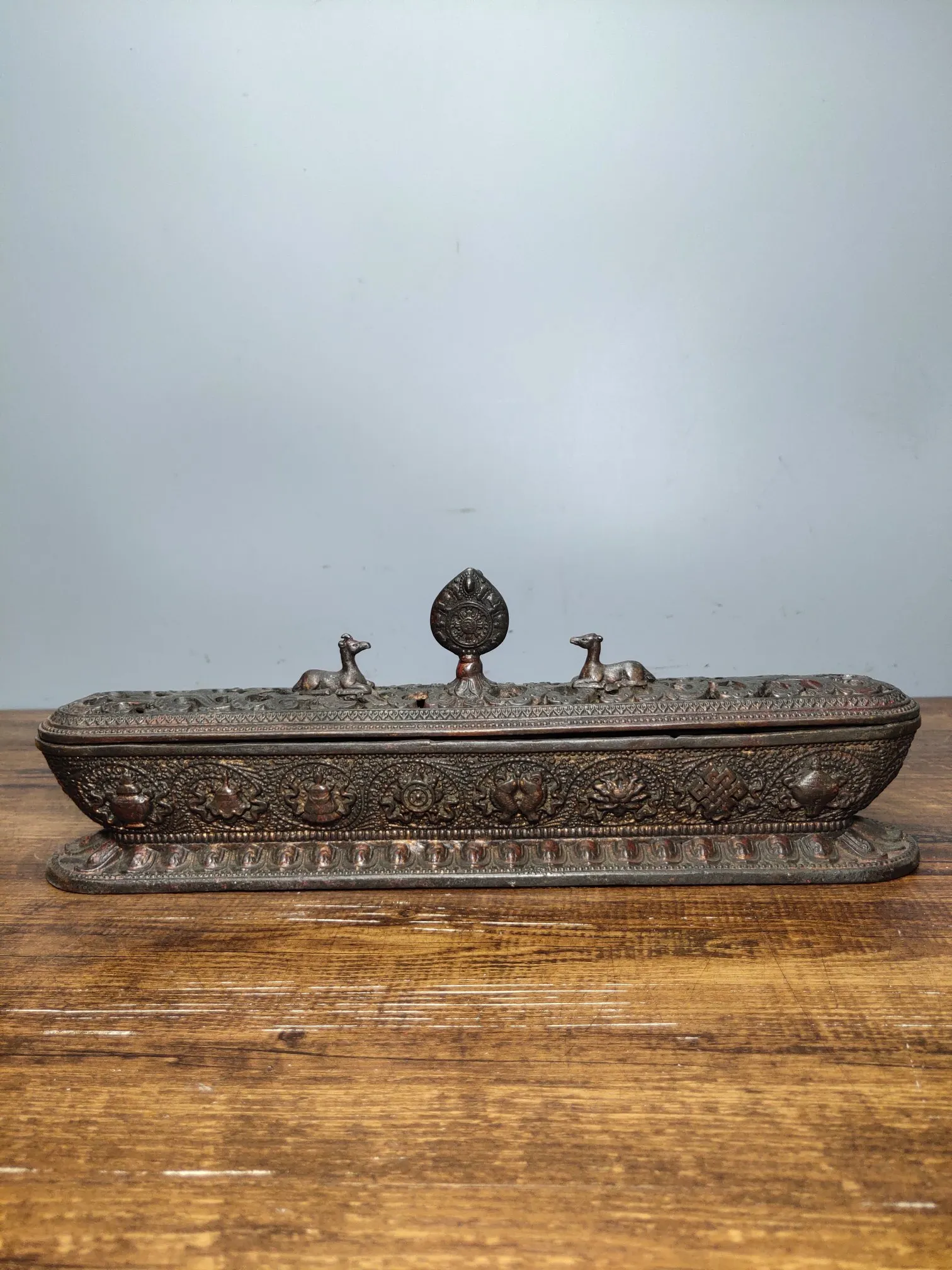 

12"Tibet Buddhism Old Bronze Lacquer Cinnabar Mantra Eight Treasure Incense Burner Sheep statue cover incense Town House