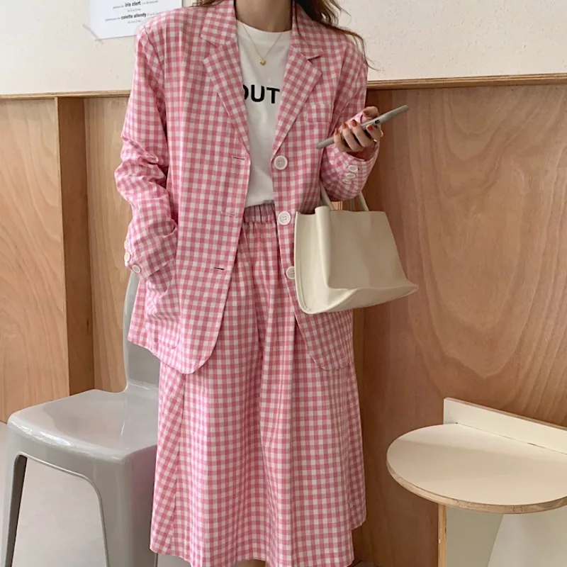 Pink Plaid Set Women Autumn Cotton Linen Causal Loose Blazer Elastic Waist Pant A-line Skirt Chic Fashion Sweet Harajuku Outfits
Pink Plaid Set Women Autumn Cotton Linen Causal Loose Blazer Elastic Waist Pant A-line Skirt Chic Fashion Sweet Harajuku Outfits