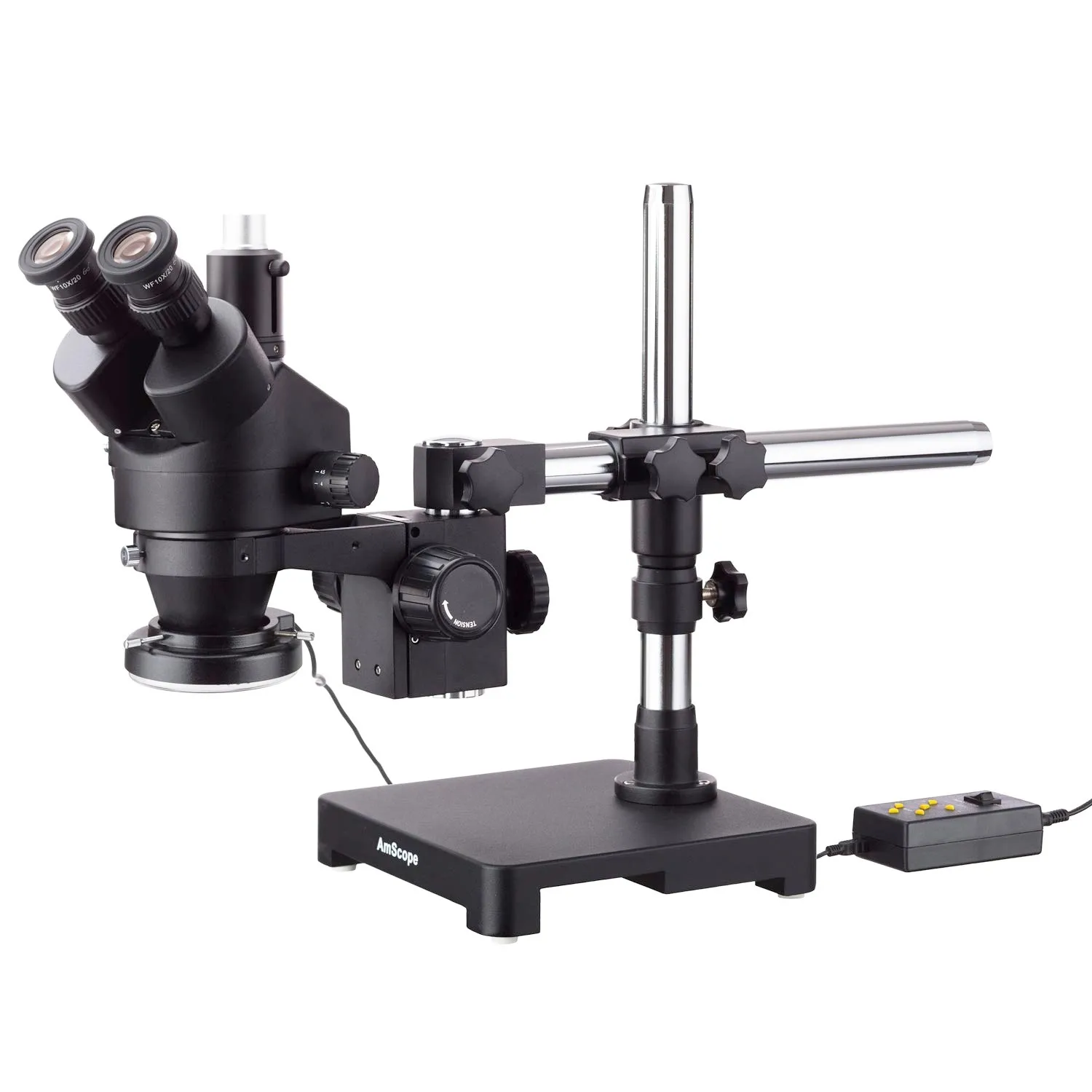 AmScope 7X-90X Black Trinocular Stereo Zoom Microscope on Single Arm Boom Stand + 144 Direction Adjustable LED Ring Light
AmScope 7X-90X Black Trinocular Stereo Zoom Microscope on Single Arm Boom Stand + 144 Direction Adjustable LED Ring Light