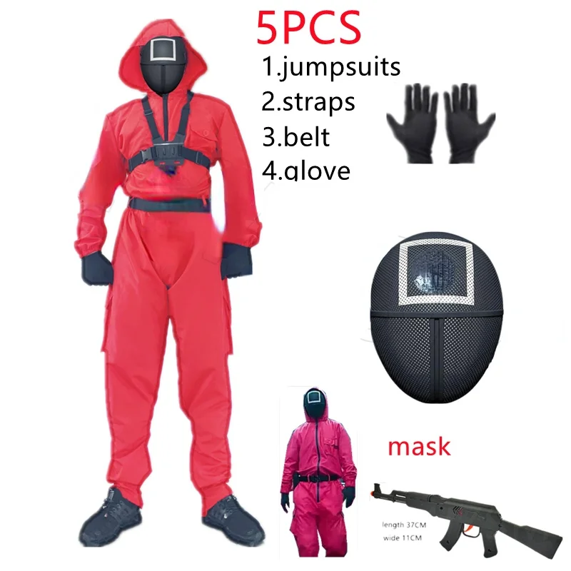 Korea teleplay Squid game villain Red jumpsuit cosplay costume Halloween party Round Six mask
Korea teleplay Squid game villain Red jumpsuit cosplay costume Halloween party Round Six mask