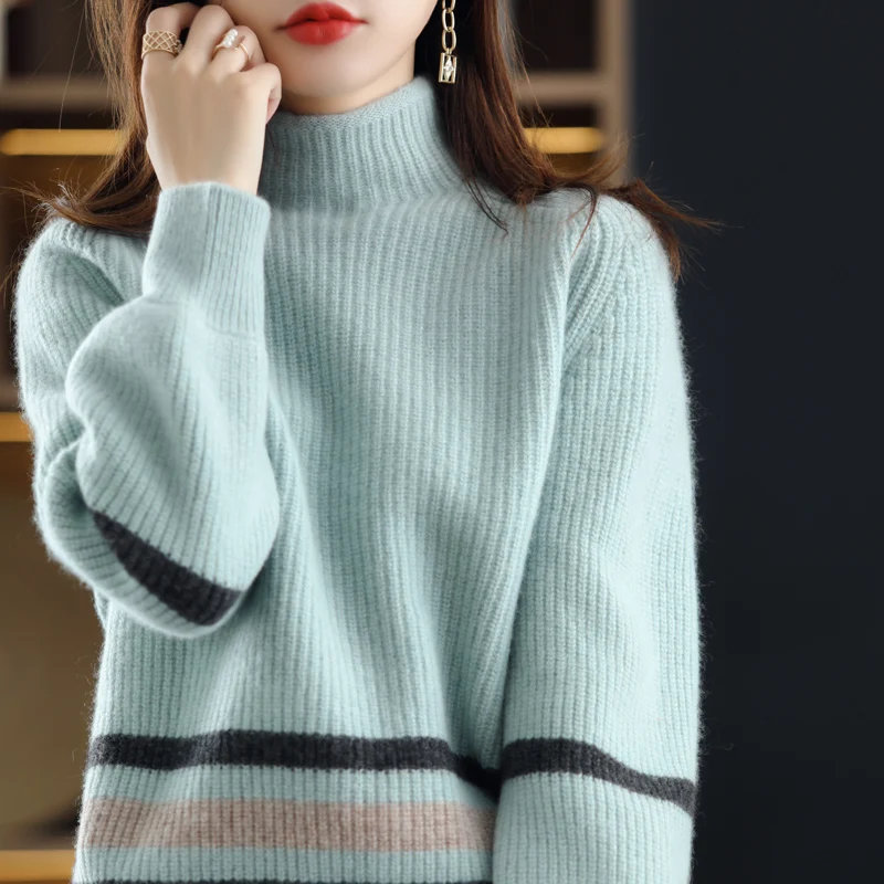 Autumn Winter 2021 New Turtleneck Pullover Double Thickening Loose Women 100% Pure Wool Sweater Coat Striped Knitted Jumper
Autumn Winter 2021 New Turtleneck Pullover Double Thickening Loose Women 100% Pure Wool Sweater Coat Striped Knitted Jumper