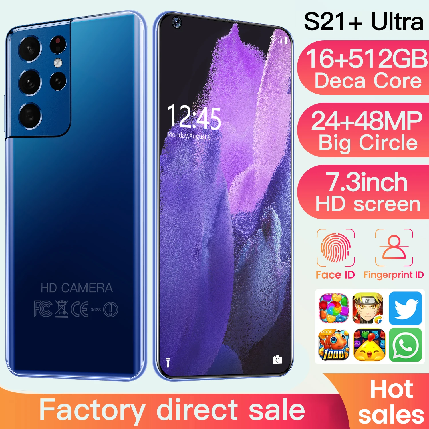 Hot Globle Version S21+ Ultra 7.3 Inch Smartphone 16G+512GB 6800mAh Face Unlock Fingerprint ID Full Screen Dual SIM 5G Cellphone
Hot Globle Version S21+ Ultra 7.3 Inch Smartphone 16G+512GB 6800mAh Face Unlock Fingerprint ID Full Screen Dual SIM 5G Cellphone