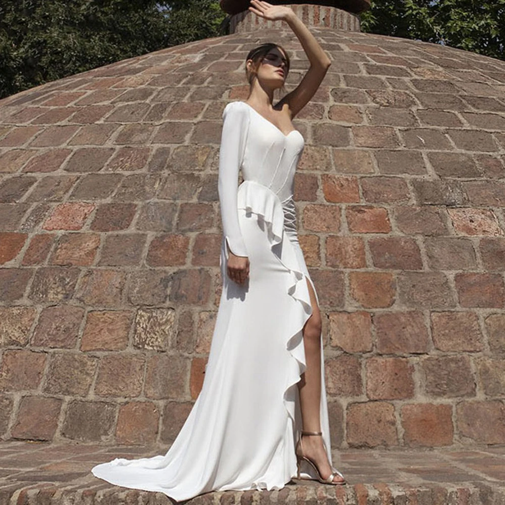 Boho One Shoulder Sweep Trian Side Slit Wedding Dress Sexy Sweetheart High Quality Jersey Bridal Gowns Robe De Mariée
Boho One Shoulder Sweep Trian Side Slit Wedding Dress Sexy Sweetheart High Quality Jersey Bridal Gowns Robe De Mariée