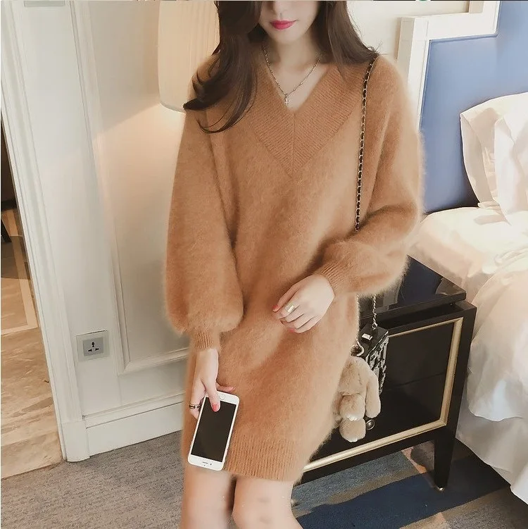Long Sweater Women Pullover 2020 Mohair Solid Color Autumn Warm Spring v-neck Sleeve Winter Clothes Vestidos LXJ896 | Женская одежда