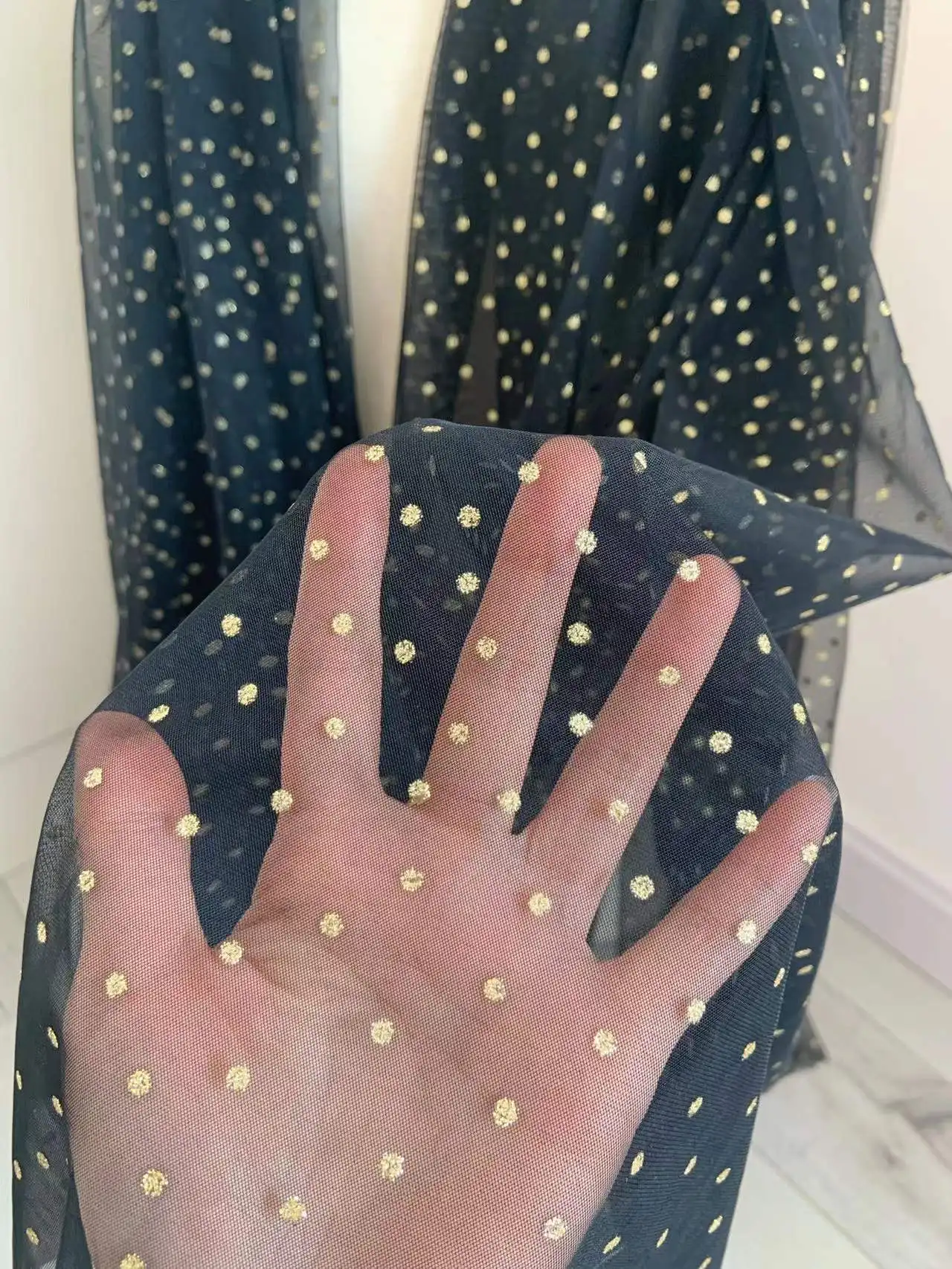 Dark Blue Tulle Fabric with Golden Dot Printed Colorful Mesh Special Shine for Living Room Window,Small Door,Curtain
Dark Blue Tulle Fabric with Golden Dot Printed Colorful Mesh Special Shine for Living Room Window,Small Door,Curtain