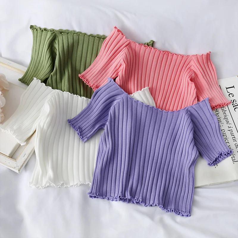 Off Shoulder T shirt Women Knitting Crop Tops Fashion Short Sleeve Skinny Tops Cotton Tshirt Korean Clothing Summer Women Tshirt
Off Shoulder T shirt Women Knitting Crop Tops Fashion Short Sleeve Skinny Tops Cotton Tshirt Korean Clothing Summer Women Tshirt