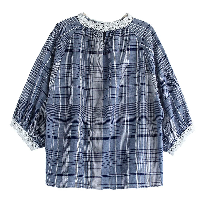 Summer New Arts Style Women Half Sleeve Loose T-shirt cotton linen Plaid Vintage Tee Shirt Lace stand collar Femme Tops S795
Summer New Arts Style Women Half Sleeve Loose T-shirt cotton linen Plaid Vintage Tee Shirt Lace stand collar Femme Tops S795