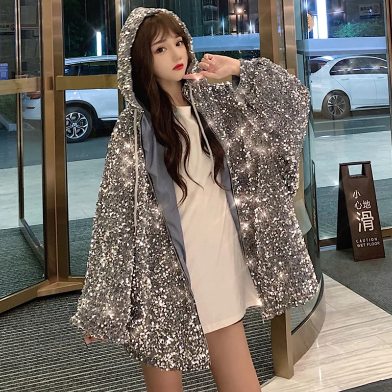 Kpop Girls Sequins Jacket Casual Shiny Beaded Zipper Hooded Bomber Coat Cardigan Drawstring Outwear Dance Hoodies Tops Chaqueta 
Kpop Girls Sequins Jacket Casual Shiny Beaded Zipper Hooded Bomber Coat Cardigan Drawstring Outwear Dance Hoodies Tops Chaqueta
