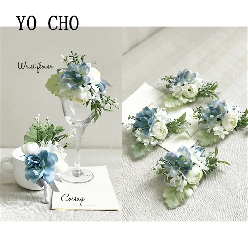 

YO CHO Silk Rose White Groom Boutonniere Flowers Wedding Wrist Corsage Bracelet Bridesmaid Wedding Brooches Marriage Accessories