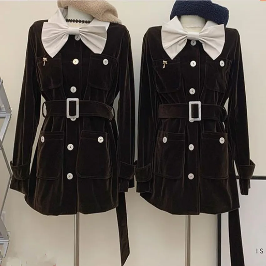 French style autumn vintage velvet bow outwear women single breasted belted princess jacket
French style autumn vintage velvet bow outwear women single breasted belted princess jacket