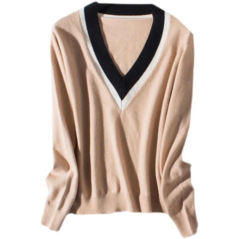 Contrasting College Style V-neck Pullover Sweater Women Autumn and Winter Western Style Cashmere Sweater Women
Contrasting College Style V-neck Pullover Sweater Women Autumn and Winter Western Style Cashmere Sweater Women