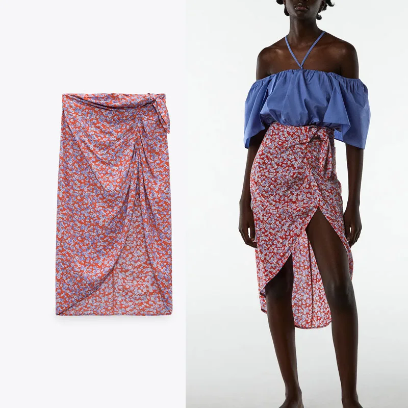 

Женская Асимметричная юбка ZA, красная длинная юбка с запахом и цветочным принтом, с завышенной талией, с узлом, на молнии сзади, лето 2021