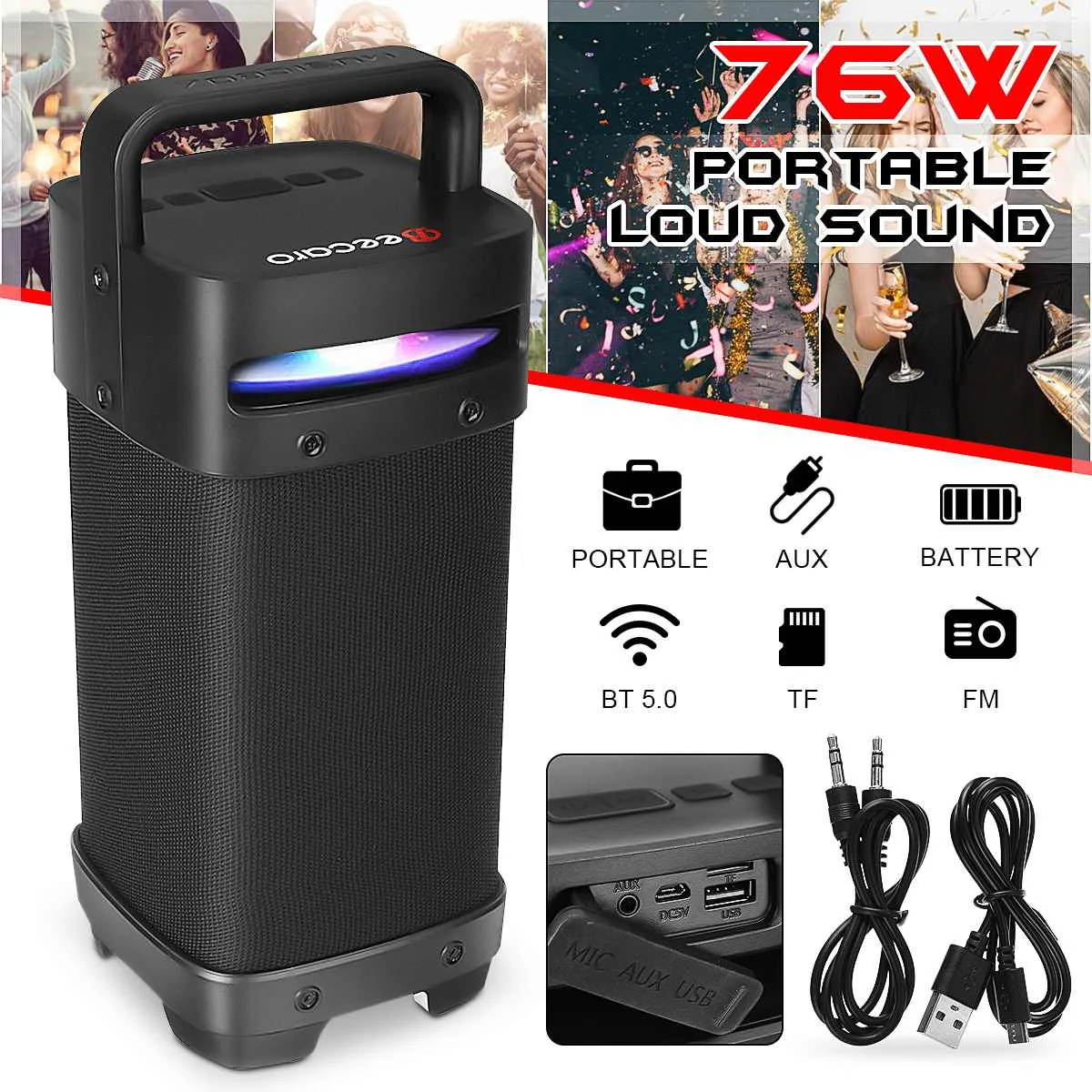 Portable Bluetooth 5.0 tws Speakers 76W Loud Outdoor Speakers with Subwoofer FM Radio LED Lights HIFI Stereo Sound Boombox
Portable Bluetooth 5.0 tws Speakers 76W Loud Outdoor Speakers with Subwoofer FM Radio LED Lights HIFI Stereo Sound Boombox