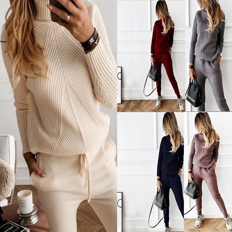 Knitted sweater set two-piece set autumn and winter women's high neck sweater solid color fashion casual coat pants set
Knitted sweater set two-piece set autumn and winter women's high neck sweater solid color fashion casual coat pants set