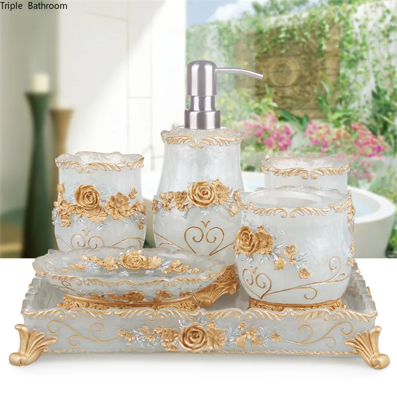 European Resin bathroom set tooth brush holder Soap Dispenser soap box Tray bathroom decoration accessories Wedding gifts
European Resin bathroom set tooth brush holder Soap Dispenser soap box Tray bathroom decoration accessories Wedding gifts