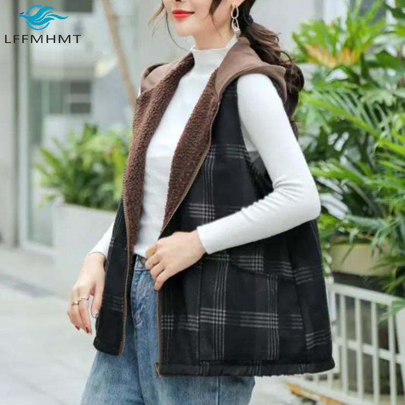 Women Winter Autumn New Fashion Plaid Fleece Hooded Sleeveless Vest Office Lady Casual Loose Short Version Korea Style Waistcoat
Women Winter Autumn New Fashion Plaid Fleece Hooded Sleeveless Vest Office Lady Casual Loose Short Version Korea Style Waistcoat