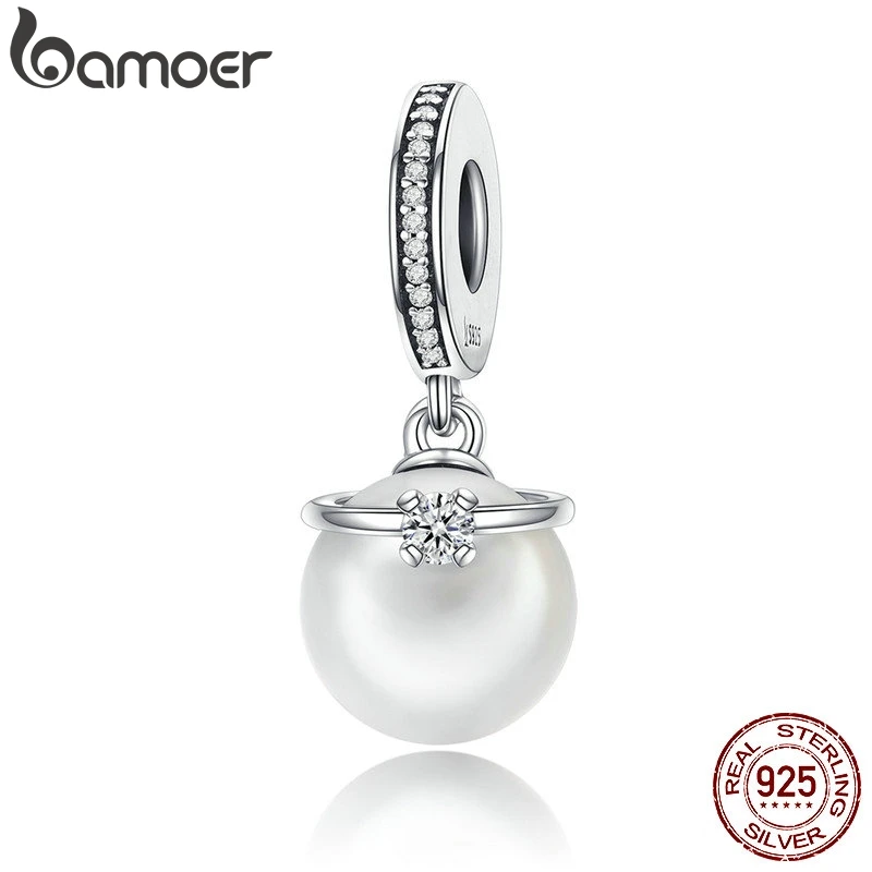 

BAMOER Genuine 925 Sterling Silver Elegant Pearl & Clear CZ Crown Pendant Charm fit Bracelet Jewelry S925 SCC137