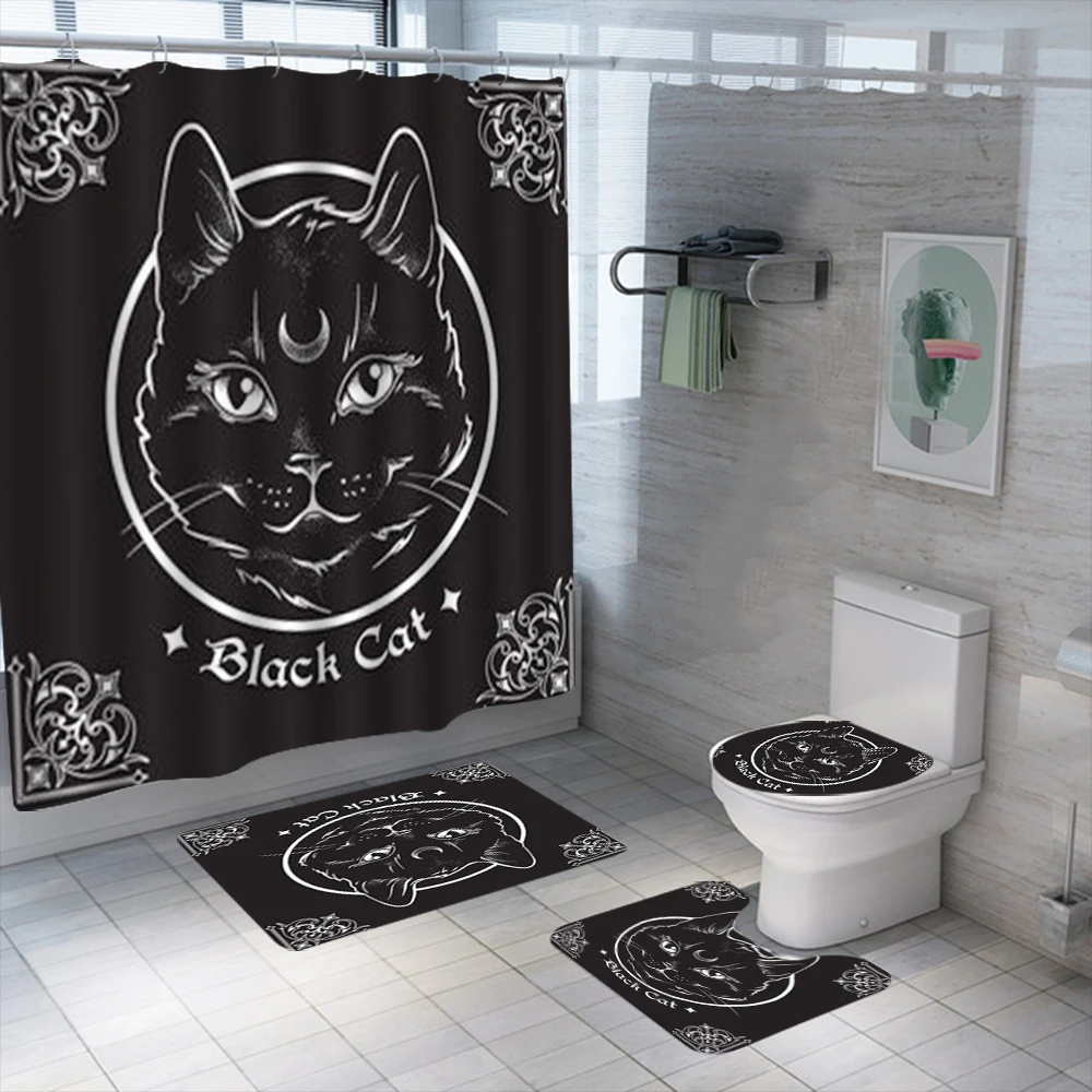 Black Cat Shower Curtain Set Tarot Cartoon Waterproof Washable Polyester Curtain Anti-slip Rugs Toilet Lid Cover Bath Mat Set 
Black Cat Shower Curtain Set Tarot Cartoon Waterproof Washable Polyester Curtain Anti-slip Rugs Toilet Lid Cover Bath Mat Set